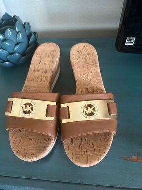 Michael Kors Tan Cork Slide Sandals with Gold Logo